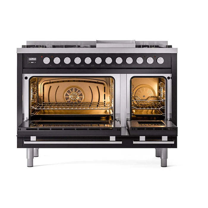 ILVE 48"Professional Plus Liquid Propane Dual Fuel Range, Glossy Black UP48FQMPBKLP