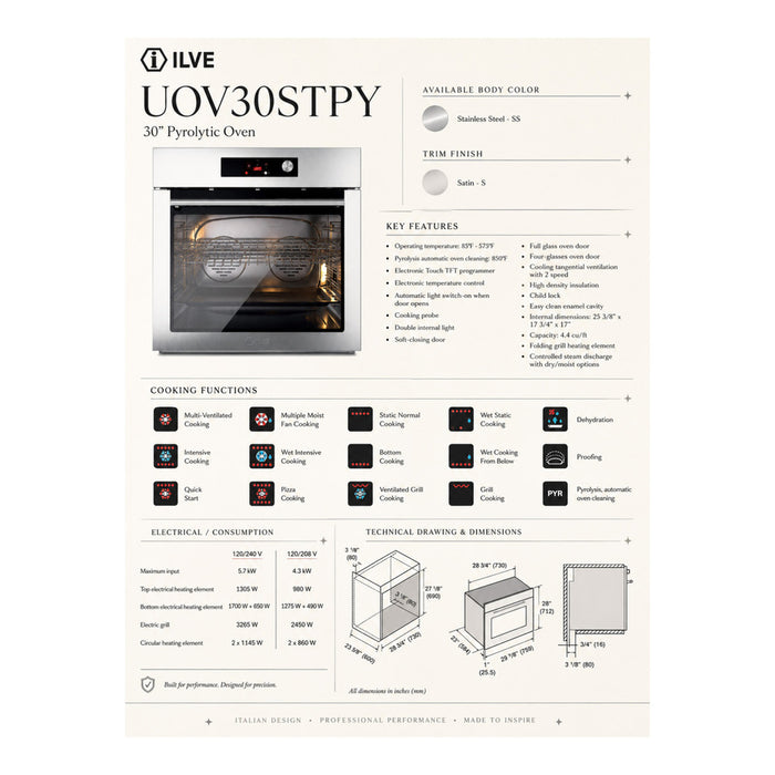 ILVE Professional Plus 30" Pyrolytic Single Wall Oven UOV30STPYSSS