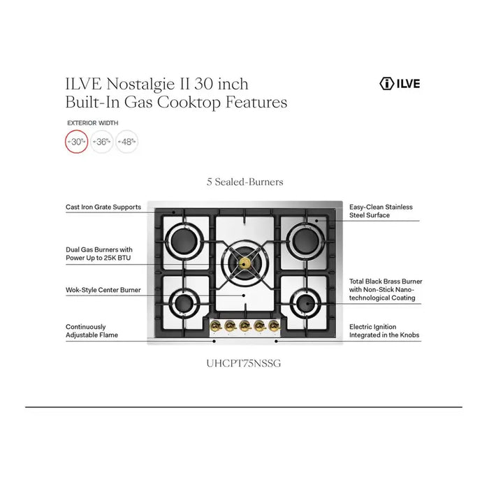 ILVE Nostalgie II 30" Built-In Gas Cooktop UHCPT75NSSC