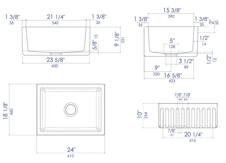 ALFI brand 24" Smooth Thick Wall Fireclay Single Bowl Farm Sink AB2418SB