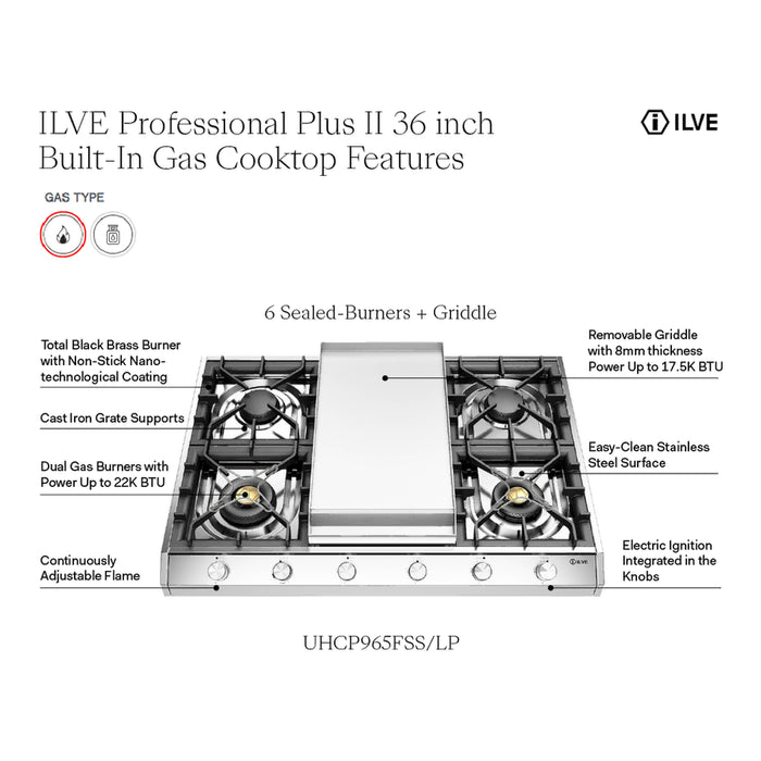 ILVE Professional Plus II 36" Built-In Gas Cooktop UHCP965FSS