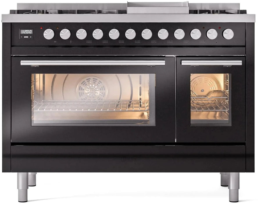 ILVE 48"Professional Plus Dual Fuel Range, Glossy Black UP48FWMPBK