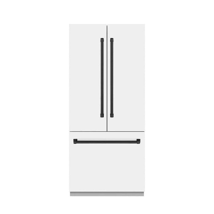 ZLINE 36" Built-In Bottom Freezer Refrigerator with Water Dispenser, Ice Maker, White Matte, Graphite Gray Interior, Matte Black GRBIVZ-WM-36-MB