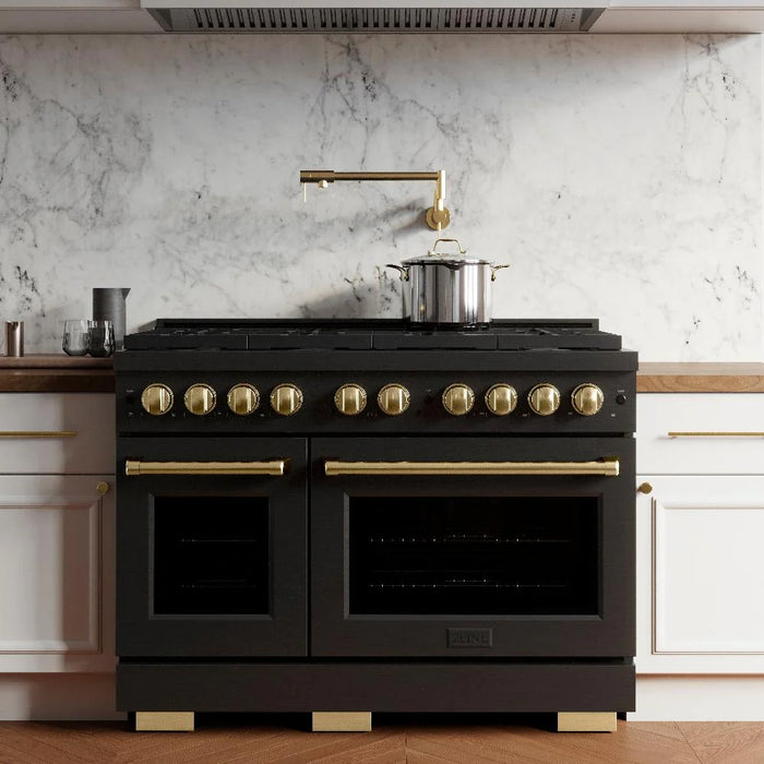 ZLINE 48"Paramount Dual Fuel Range Black Stainless Steel, Gold SDRBZ-48-G