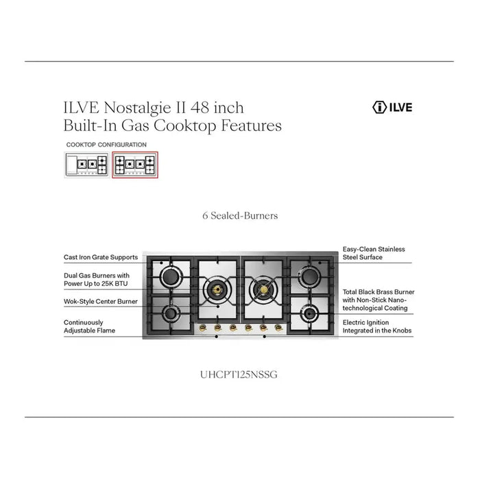 ILVE Nostalgie II 48" Built-In Gas Cooktop UHCPT125NSSC