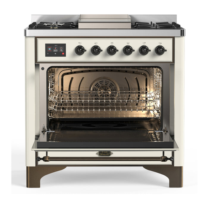 ILVE Majestic III 36" Dual Fuel, Range, Antique White, Burnished Trim UM36FQNR3AWB