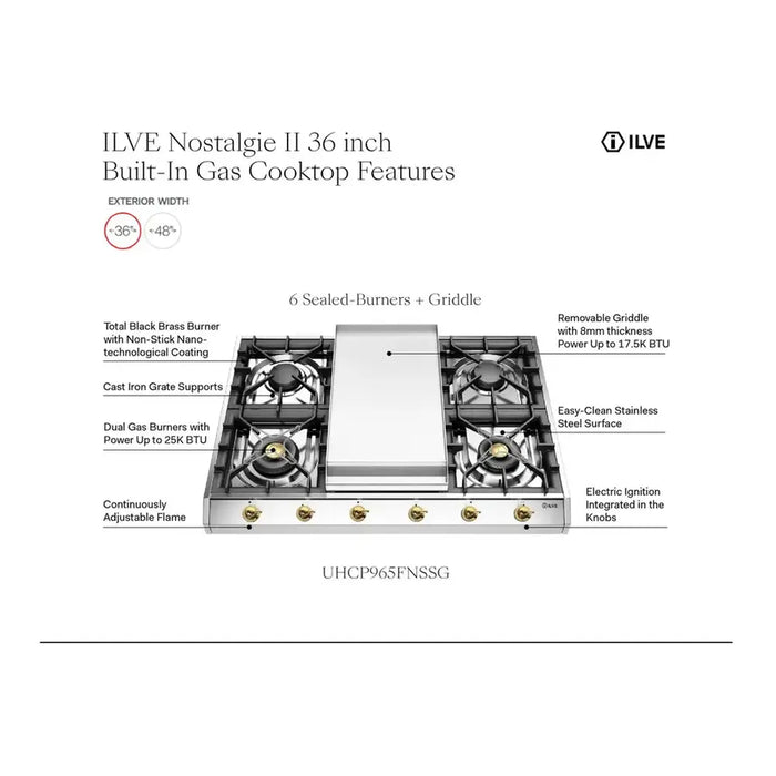 ILVE Nostalgie II 36" Built-In Gas Cooktop UHCP965FNSSB