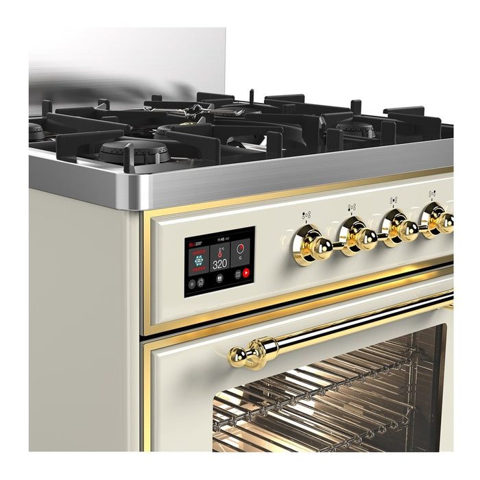 ILVE Majestic III 30" Dual Fuel, Natural Gas, Freestanding Range, Antique White, Brass Trim UM30NR3AWG