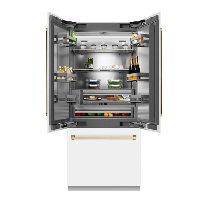 ZLINE 36" French Door Built-In Bottom Freezer Refrigerator, Water Dispenser, Ice Maker, White Matte, Stainless Steel, Accents SRBIVZ-WM-36-CB