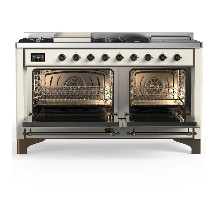 ILVE Majestic III 60" Dual Fuel Range, Antique White, Burnished Trim UM60FSQNR3AWB