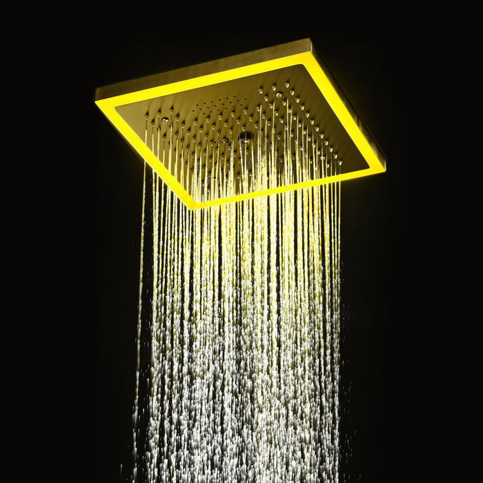 12-Inch Brushed Gold Flush Mount Shower Faucet Set: 3-Way Thermostatic Control, 64-Color LED Lights, Bluetooth Music, and Regular Head