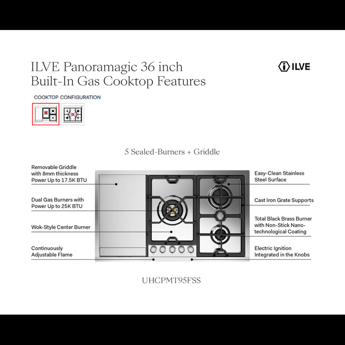 ILVE Panoramagic 36" Built-In Gas Cooktop UHCPMT95FSS