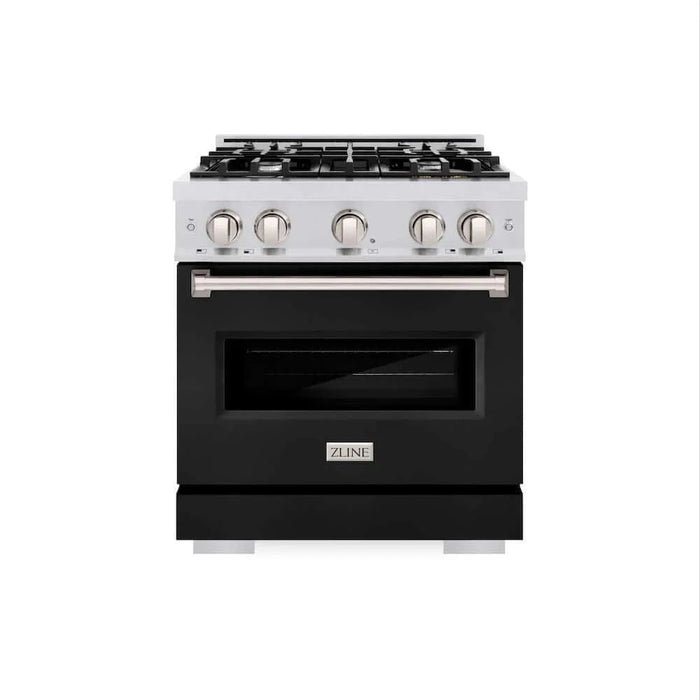 ZLINE 30" Dual Fuel Range, Gas Cooktop, Electric Convection Oven DuraSnow®Stainless Steel, Black Matte Door CDRS-BLM-30