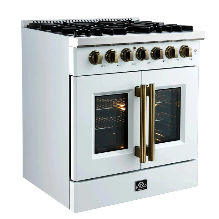 Forno Galiano 30"French Door Dual Fuel Range 5 Gas Burners, Electric Convection Oven White, Antique Brass Trim, FFSGS6356-30WHT