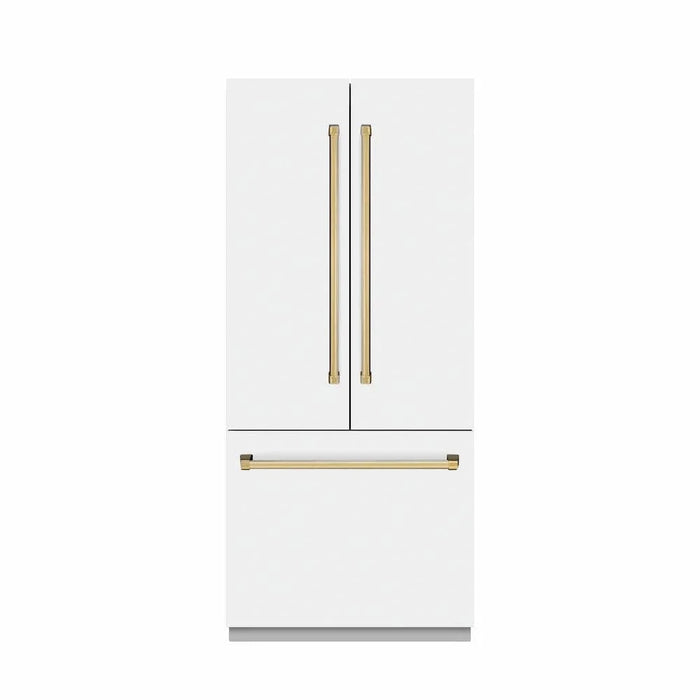 ZLINE 36" Built-In Bottom Freezer Refrigerator with Water Dispenser, Ice Maker, White Matte, Graphite Gray Interior, Polsihed Gold GRBIVZ-WM-36-G