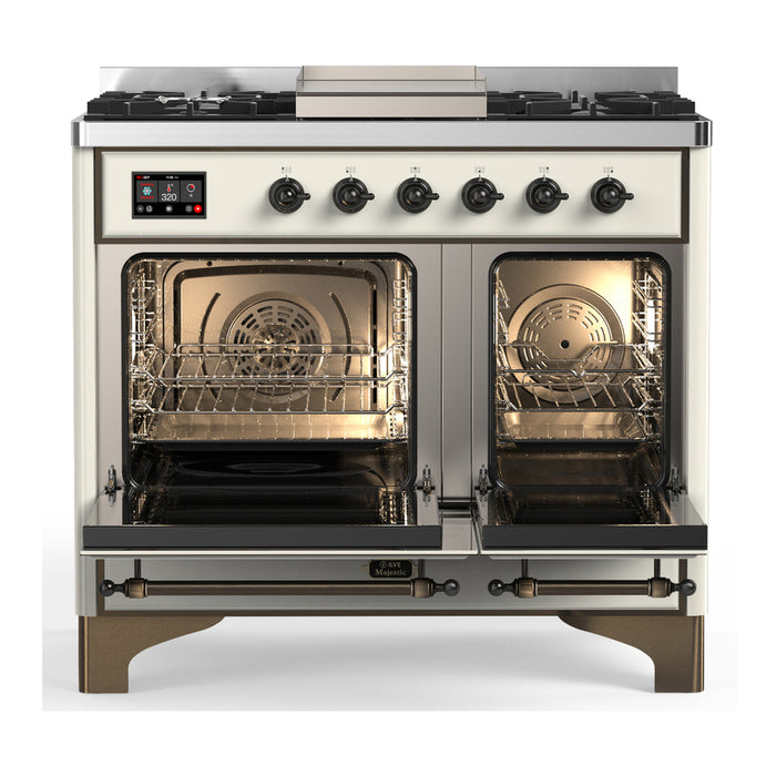 ILVE Majestic III 40" Dual Fuel, Range, Antique White, Burnished Trim UMD40FQNR3AWB