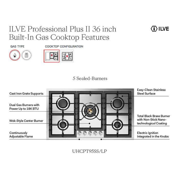 ILVE Professional Plus II 36" Built-In Gas Cooktop UHCPT95SS