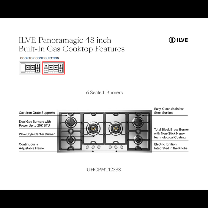 ILVE Panoramagic 48" Built-In Gas Cooktop UHCPMT125SS