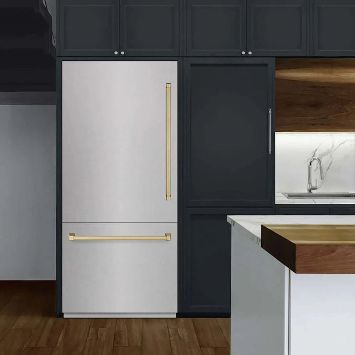 ZLINE 36" Built-In Bottom Freezer Refrigerator,Water Dispenser, Ice Maker, DuraSnow® Champagne Bronze RBITZ-SN-36-CB