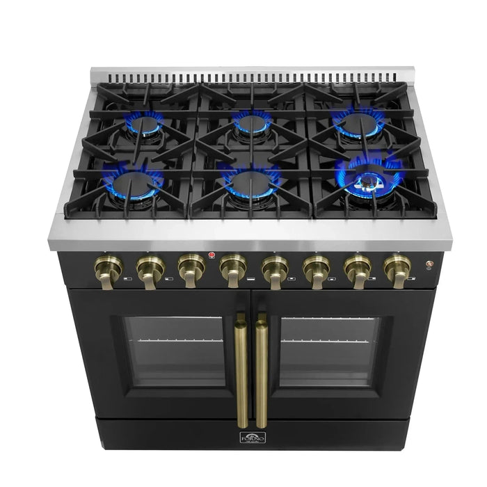 Forno Galiano 36"French DoorDual Fuel Range, Gas Stove, Electric Oven Black, Antique Brass Trim, FFSGS6356-36BLK