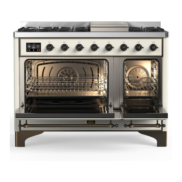 ILVE Majestic III 48" Dual Fuel, Range, Antique White, Burnished Trim UM48FQNR3AWB