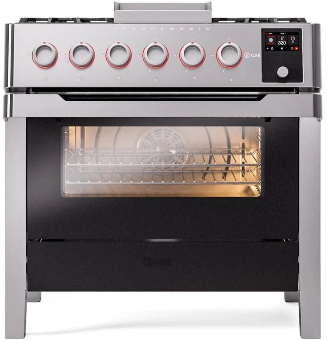 ILVE Panoramagic 36" Liquid Propane Dual Fuel Range, Stainless Steel UPM09FDS3SSLP