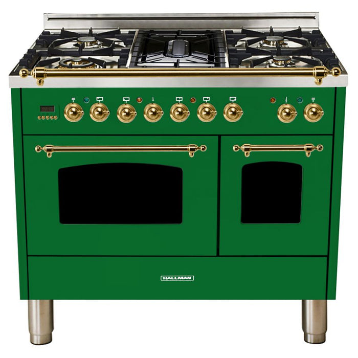 HALLMAN 40 in. Double Oven Dual Fuel Italian Range, Brass Trim in Emerald Green HDFR40BSGN