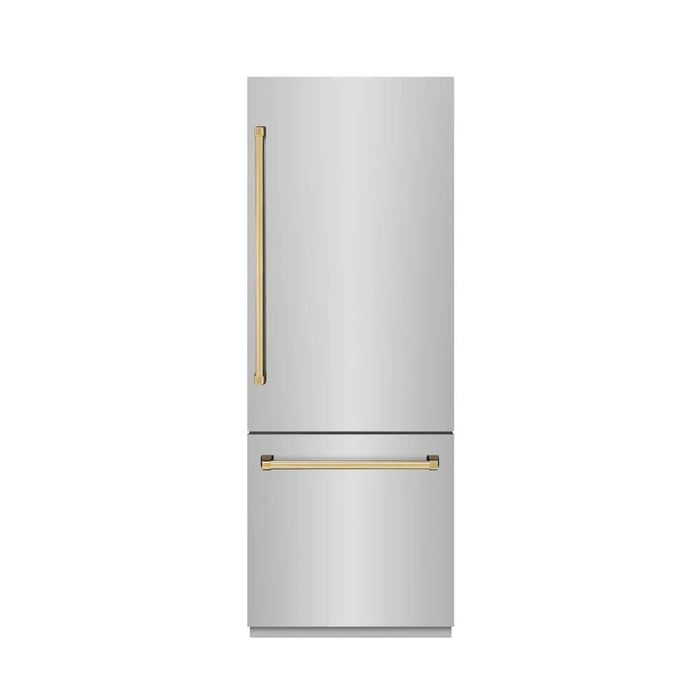 ZLINE 30" Built-In Bottom Freezer Refrigerator with Water Dispenser, Ice Maker, Stainless Steel, Graphite Gray Interior, Polished Gold GRBIVZ-304-30G