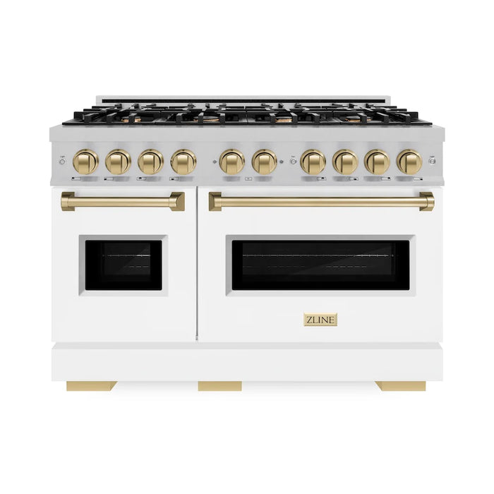 ZLINE 48" Classic Double Oven Dual Fuel Range, 8 Burner Gas Cooktop, Stainless Steel, White Matte Doors, Accents CDRZ-WM-48-CB