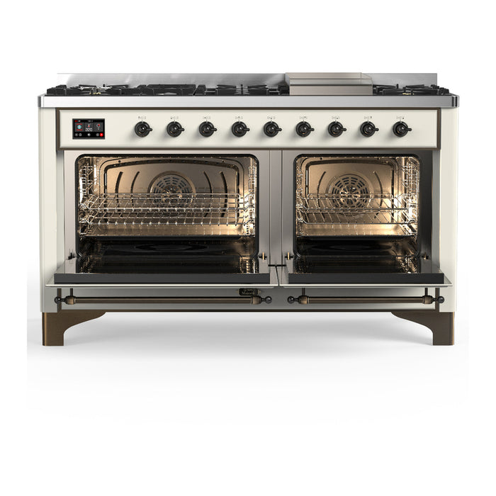 ILVE Majestic III 60" Dual Fuel Range, Antique White, Burnished Trim UM60FNR3AWB
