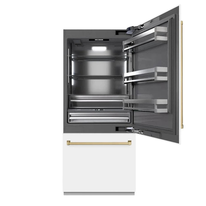 ZLINE 36" Built-In Bottom Freezer Refrigerator,Water Dispenser, Ice Maker, White Matte Graphite Gray Champagne Bronze GRBITZ-WM-36-CB