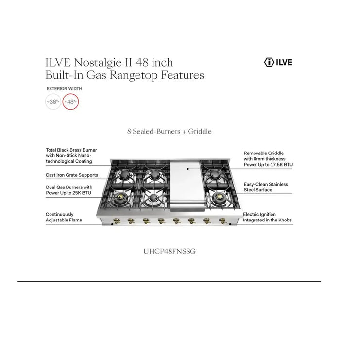ILVE Nostalgie II 48" Built-In Gas Rangetop UHCP48FNSSB