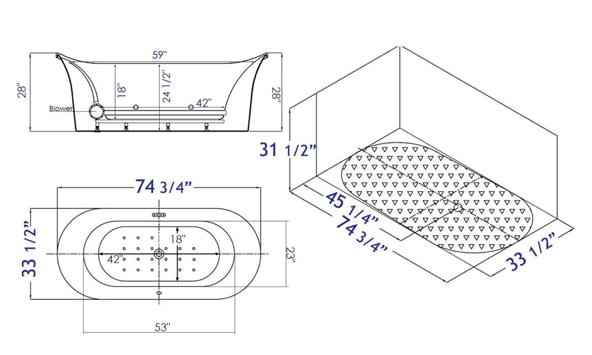 EAGO 74" White Free Standing Oval Air Bubble Bathtub AM1900