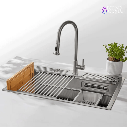 Forno ACQUA 33". Drop-In/Undermount 3-Level Workstation Sink with Faucet D-WP30 - Angle View