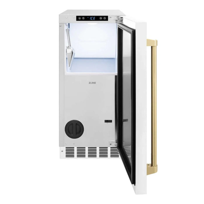 ZLINE Autograph Edition 15" Touchstone Gourmet Ice Maker, Drain Pump, White Matte Door, Accents IGMDZ-WM-15-CB