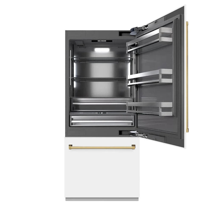 ZLINE 36" Built-In Bottom Freezer Refrigerator,Water Dispenser, Ice Maker, White Matte Graphite Gray Polished Gold GRBITZ-WM-36-G