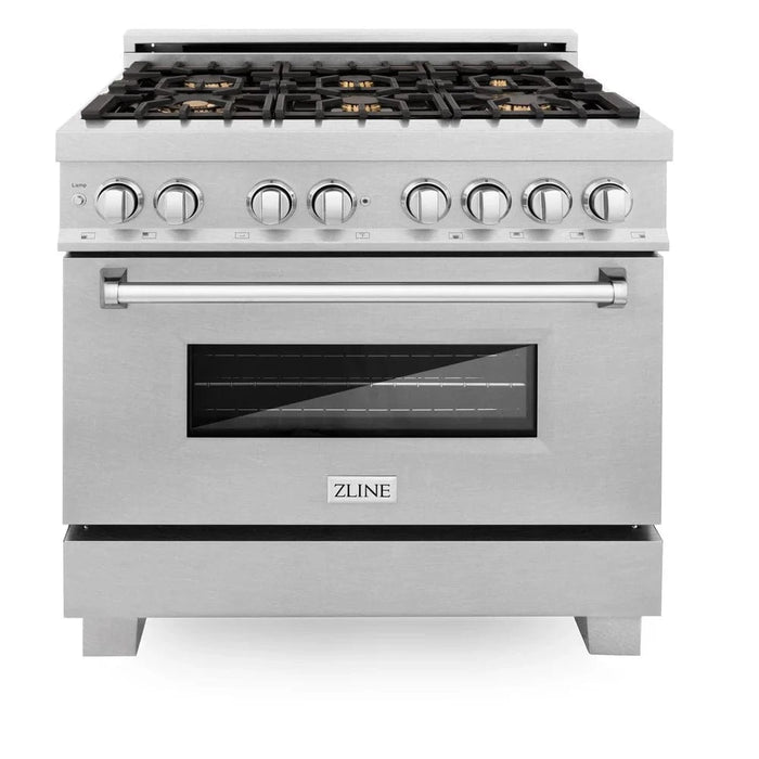 ZLINE 36" Dual Fuel Range, DuraSnow, Stainless, Brass Burners, Griddle RAS-SN-BR-GR-36