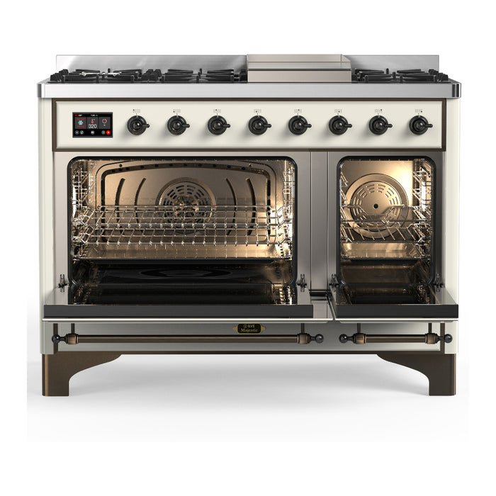 ILVE Majestic III 48" Dual Fuel, Range, Antique White, Burnished Trim UM48FNR3AWB