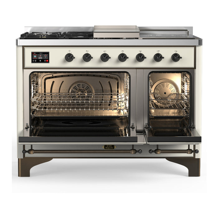 ILVE Majestic III 48" Dual Fuel, Range, Antique White, Burnished Trim UM48FSNR3AWB