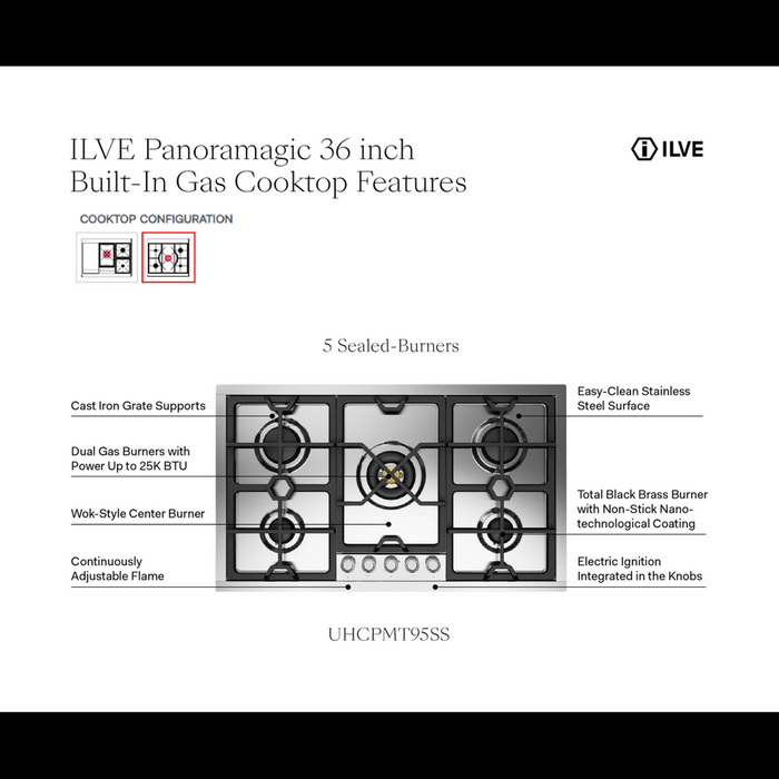 ILVE Panoramagic 36" Built-In Gas Cooktop UHCPMT95SS