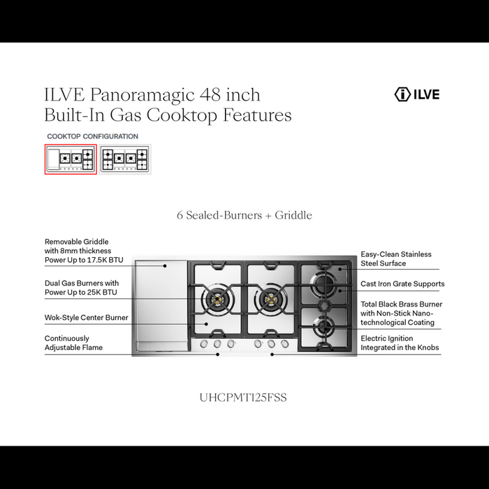 ILVE Panoramagic 48" Built-In Gas Cooktop UHCPMT125FSS