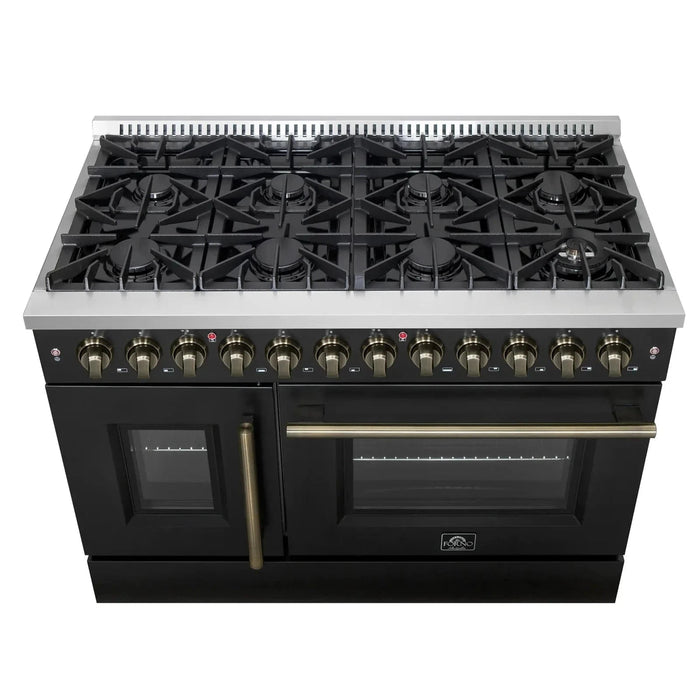 Forno Galiano 48" French Door Dual Fuel Range, 8 Burners, Electric Convection Oven, Black Antique Brass Trim, FFSGS6356-48BLK
