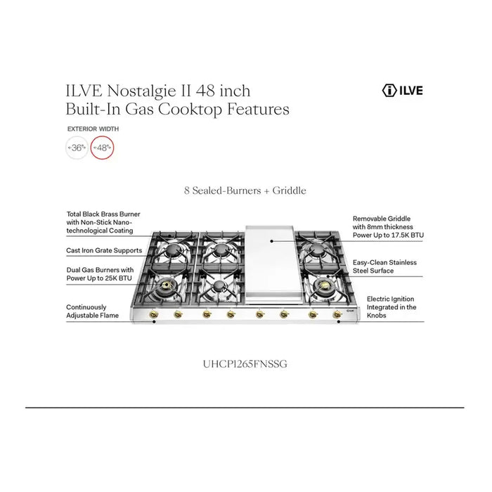 ILVE Nostalgie II 48" Built-In Gas Cooktop UHCP1265FNSSB