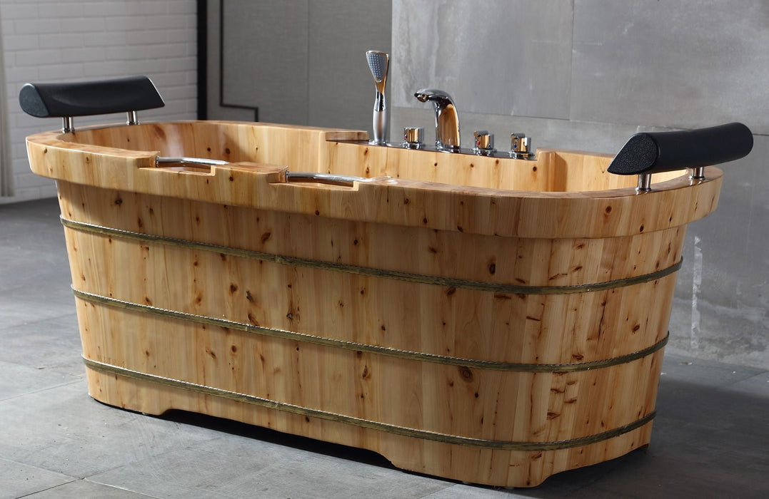 ALFI brand 65" 2 Person Free Standing Cedar Wooden Bathtub, Fixtures, Headrests AB1130
