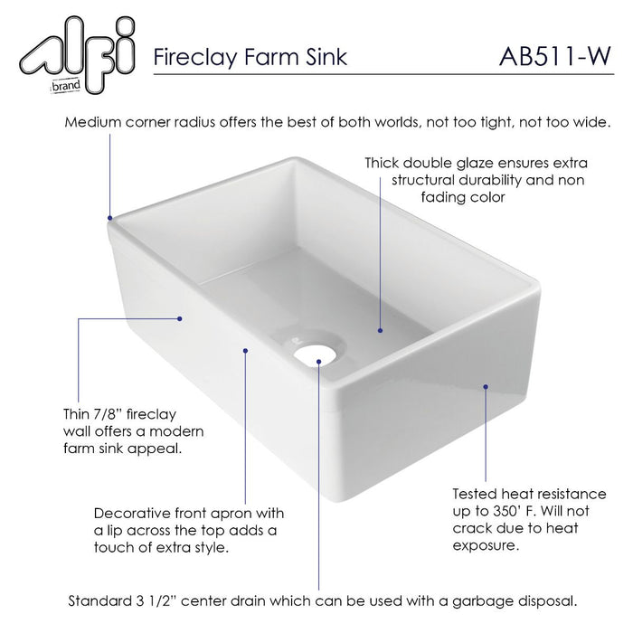 ALFI brand 30" Farm Sink, Lip Single Bowl Design for Kitchen AB511-W
