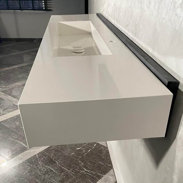 White Quartz Large Bathroom Trough Sink Wall Mount Contemporary Design