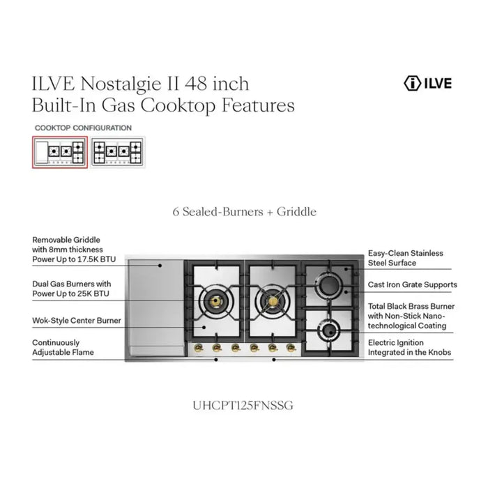 ILVE Nostalgie II 48" Built-In Gas Cooktop UHCPT125FNSSC
