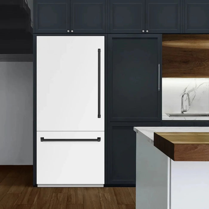 ZLINE 36" Built-In Bottom Freezer Refrigerator,Water Dispenser, Ice Maker, White Matte Matte Black RBITZ-WM-36-MB