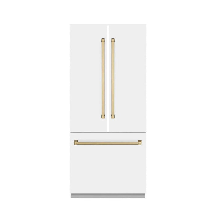 ZLINE 36" Built-In Bottom Freezer Refrigerator with Water Dispenser, Ice Maker, White Matte, Graphite Gray Interior, Champagne Bronze GRBIVZ-WM-36-CB