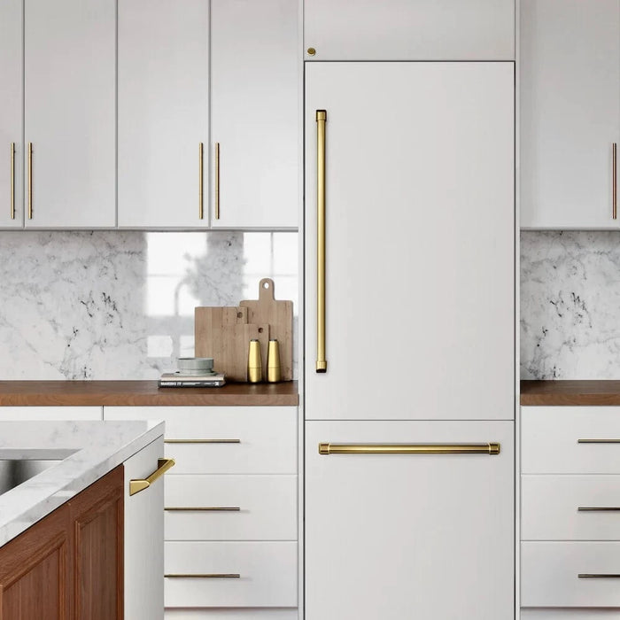 ZLINE 30" Built-In Bottom Freezer Refrigerator with Water Dispenser, Ice Maker, White Matte, Graphite Gray Interior, Polished Gold GRBIVZ-WM-30-G